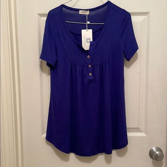 NEW Ca Kra Short Sleeve Shirt Flowy Relaxed Henley Cobalt Blue Women's Small NWT - Picture 1 of 4